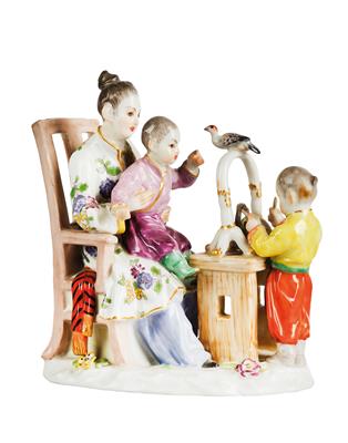 A Japanese Woman Sitting on a Chair with Child, Before Them a Table with a Bird and a Boy Holding Sticks, - Furniture, Porcelain, Sculpture and Works of Art