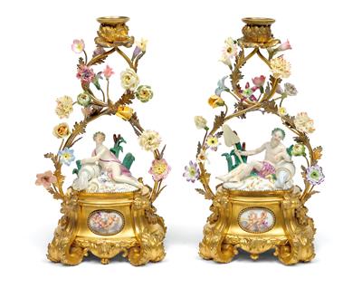 A Pair of Candleholders with Gilt Bronze Mount and Porcelain Blossoms, - Furniture, Porcelain, Sculpture and Works of Art