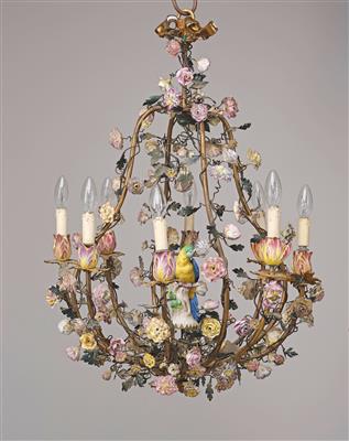 A Metal Chandelier with Porcelain Blossoms, - Starožitnosti