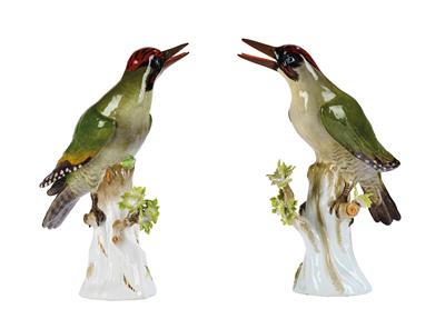A Pair of Green Woodpeckers Perched on an Oak Trunk, - Works of Art