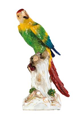 A Parrot Perched on a Tree Trunk with Cherries and Ferns, Covered in Flowers and Leaves, - Starožitnosti