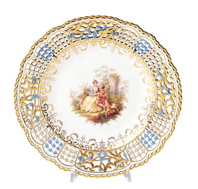 A Decorated Plate with Watteau Couple, Meissen, - Furniture; Works of Art; Glas and Porcelain