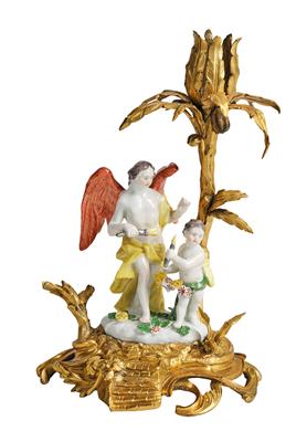 A Small Group with Guardian Angel and Cupid, Candlestick and Gilt Bronze Mount, Meissen, - Furniture; Works of Art; Glas and Porcelain