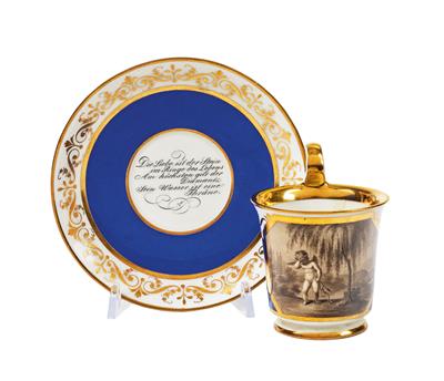 A Cup with Weeping Cupid and a Saucer with Dedication “Love Is the Stone in the Ring of Life, The Most Precious Is the Diamond, Its Water Is a Tear”, Vienna, - Mobili e Antiquariato