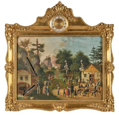 Biedermeier Bilderuhr mit Automat und Musikspielwerk, - Möbel; Antiquitäten & Metallarbeiten; Glas & Porzellan