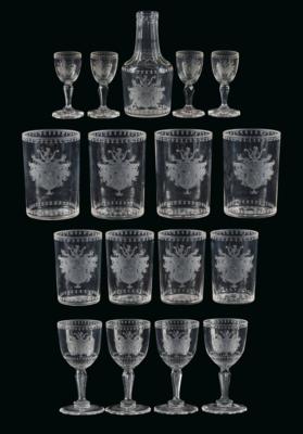 Armorial Glasses with Rearing Lion Holding a Star in His Right Paw, Bohemia c. 1800, - Nábytek, starožitnosti, sklo a porcelán