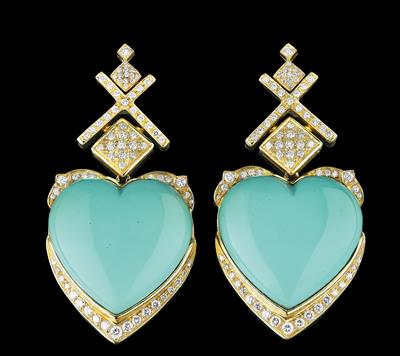 A Pair of Brilliant Pendant Ear Studs with Treated Turquoise - Sbírka Edita Gruberová
