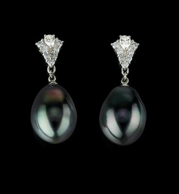 A Pair of Tahitian South Sea Cultured Pearl and Brilliant Pendant Ear Studs - The Edita Gruberová Collection