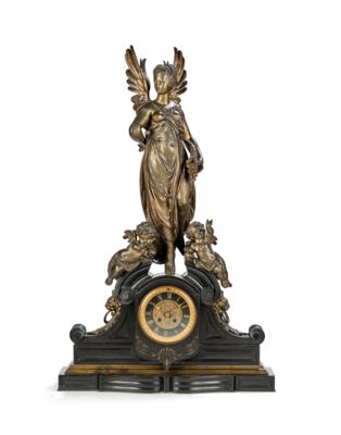 A Large Historicist Marble Mantel Clock “Victoria”, “Marti Paris”, - Furniture; works of art; glass and porcelain