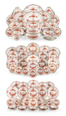 A Large Magnificent Dinner Service, Meissen c. 1980, “Coral Red Indian Painting with Gold Dots and Gold Rims”, - Furniture; works of art; glass and porcelain