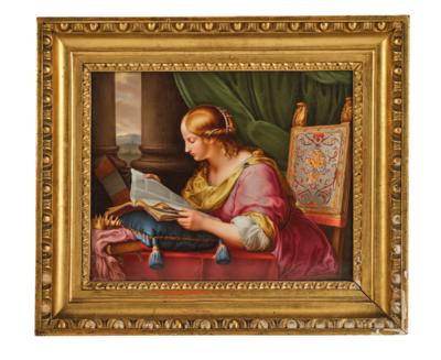 Porzellan-Bild “Heilige Katharina von Alexandria” rückseitig signiert Claudius Herr 1819 und bezeichnet nach Carlo Dolci, - Möbel; Antiquitäten; Glas und Porzellan