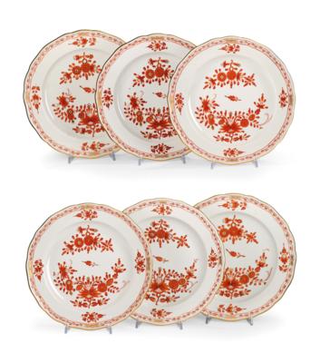 Magnificent Dinner Plates, Meissen c. 1980, “Coral Red Indian Painting with Gold Dots and Gold Rims”, - Mobili; oggetti d'antiquariato; vetro e porcellana