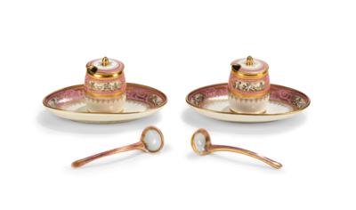 A Magnificent Pair of Small Mustard Pots with Cover (Height 10.5 cm) and Attached Saucer (Length 18 cm), and Pair of Porcelain Spoons (Length 13.5 cm, 14 cm), in Neo-Classical Style, Imperial Manufactory Vienna 1838, 1838, - Furniture; works of art; glass and porcelain