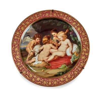 A Very Large Picture Plate Depicting “The Christ Child on a Purple Cloth and the Infant St John on Brown Lambskin Caressing his White Lamb, in the Company of Two Angels”, - Furniture; works of art; glass and porcelain