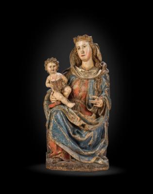 Umkreis Meister des Kefermarkter Altars – Gotische thronende Madonna mit Kind, - Möbel; Antiquitäten; Glas und Porzellan