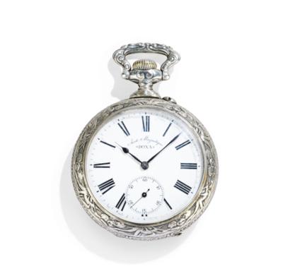 A Silver Pocket Watch Table Stand with Enamel Painting, Oversized Pocket Watch "Doxa", - Una Collezione dalla Stiria I