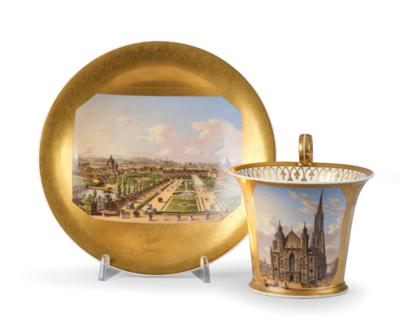 A Veduta Cup with Veduta Saucer (“La cathèdrale de St. Etiènne à Vienne”), Imperial Manufactory, Vienna 1828, - Nábytek, starožitnosti, sklo a porcelán