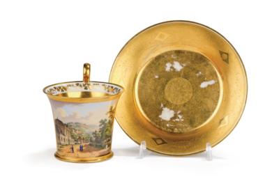 “Vue de la Source & du Bain de Marie Thérèse, à Baden” - Veduta Cup with a Saucer, Imperial Manufactory, Vienna 1820, - Nábytek, starožitnosti, sklo a porcelán