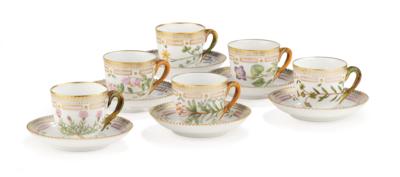 Six Flora Danica Mocha Cups with Saucers, Royal Copenhagen, c. 1969–99, - Nábytek, starožitnosti, sklo a porcelán