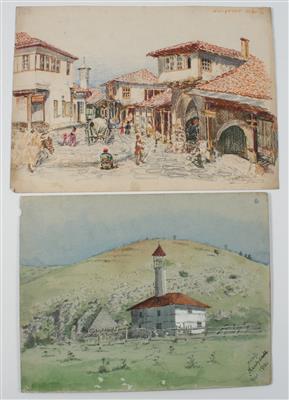 Konvolut von 4 Aquarellen aus Österreich und Bosnien - Mistrovské kresby, Tisky do roku 1900, Akvarely a miniatury