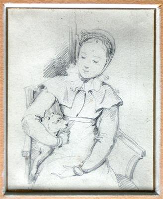 Zeichnung von PETER FENDI "Portrait eines jungen Mädchens mit Hund" - Charity-Auktion zugunsten von HEMAYAT
