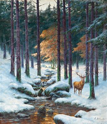 August Mötsch * (Düssledorf 1869-1952) Hirsch im Winterwald, - Ölgemälde und Aquarelle des 19. Jahrhunderts