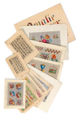 Konvolut Stickmustervorlagen - Meisterzeichnungen und Druckgraphik bis 1900, Aquarelle, Miniaturen