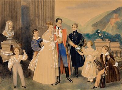 Archduke Karl with family before the Weilburg in Baden, - Imperial Court Memorabilia and Historical Objects