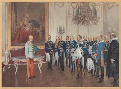 The German confederation princes honour Emperor Franz Joseph I on 7th May 1908 at Schloß Schönbrunn, - Rekvizity z císařského dvora