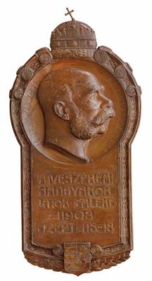 Kaiser Franz Joseph I. von Österreich- Erinnerungsrelief anläßlich der Kaisermanöver in Veszprem 1908, - Kaiserhaus und Historika