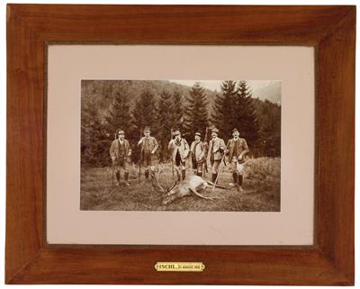 Emperor Francis Joseph I of Austria surrounded by his huntsmen with a shot royal stag, - Imperial Court Memorabilia and Historical Objects