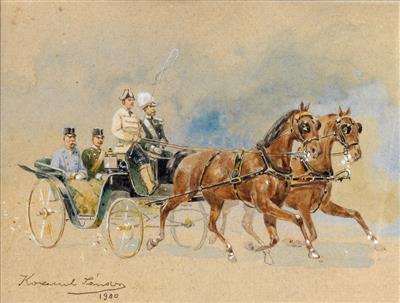 Sandor Kozeluh – Emperor Francis Joseph I with an adjutant in a carriage, - Imperial Court Memorabilia and Historical Objects