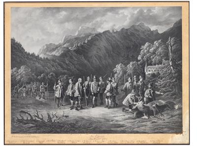 Emperor Francis Joseph I with a hunting party near Lake Offensee in the autumn of 1864, - Imperial Court Memorabilia and Historical Objects