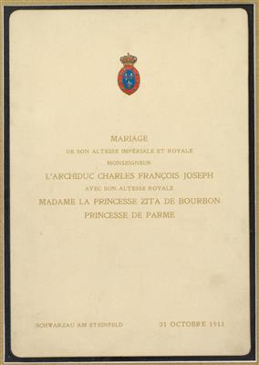 Emperor Charles I and Empress Zita - a menu card on the occasion of their wedding on 21 October 1911, - Rekvizity z císařského dvora