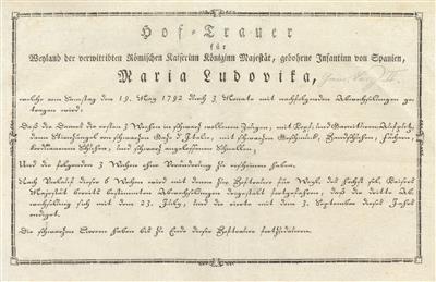 Kaiserlich österreichischer Hof - Hoftraueransage für Kaiserin Maria Ludovica 19. Mai 1792, - Kaiserhaus und Historika