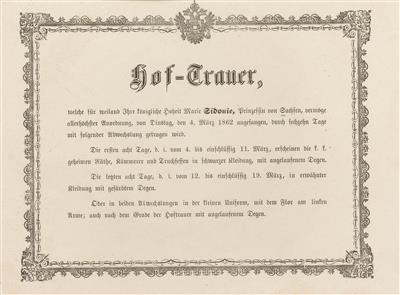 Imperial Austrian Court - court mourning notice for Marie Sidonie Princess of Saxony, 4 March 1862, - Casa Imperiale e oggetti d'epoca