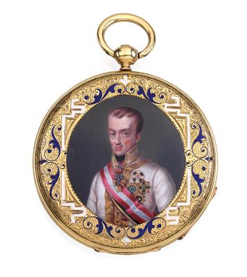 Taschenuhr mit emaillierter Porträtdarstellung Kaiser Ferdinand I. von Österreich, - Kaiserhaus und Historika