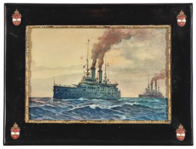 Austro-Hungarian battleship S. M. S. Habsburg at sea followed by a sister ship, - Imperial Court Memorabilia & Historical Objects