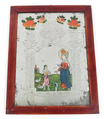 Spiegelschliff Hinterglasbild, Maria erscheint einem Mädchen - Arte popolare e sculture