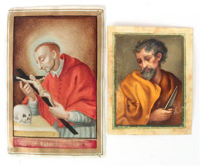 Zwei Pergamentbilder, S. Carolus und Bartholomäus, - Arte popolare e sculture
