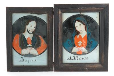 Paar zusammengehörige Hinterglasbilder, Herz Jesu und Herz Maria, - Volkskunst, Fayencen und Skulpturen