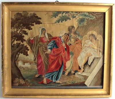 Stickereibild "Noli me tangere", - Volkskunst, Fayencen und Skulpturen