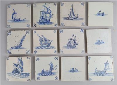 12 Fliesen mit verschiedenen Segelschiff und Bootmotiven, - Antiquariato