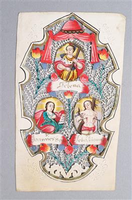 Andachtsbild S. Helena, Johannes Ev. und Sebastian, - Volkskunst, Skulpturen & Fayencen