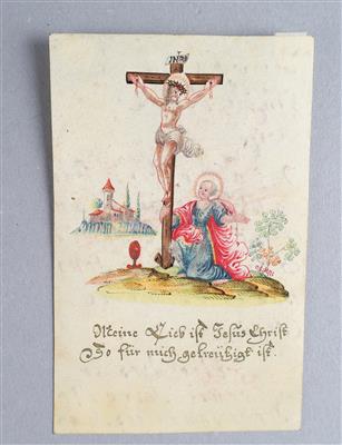 Pergamentbild Maria Magdalena unter Kreuz, - Antiquariato