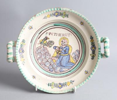 Kleine Doppelhenkelschüssel "S: PETHERUS", Gmunden, 19. Jh. - Volkskunst, Skulpturen und Fayencen