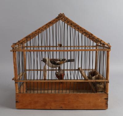 Vogelkäfig mit Holzvogerl, - Volkskunst, Skulpturen, Fayencen und Weihnachtskrippen