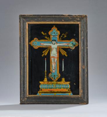 Hinterglasbild, Buchers(?) - Christus am Kreuz, - Volkskunst, Skulpturen & Fayencen