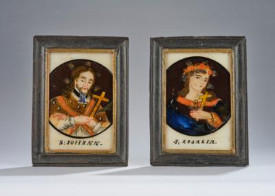 Zwei Hinterglasbilder, Außergefild - S. Johann (Nepomuk) und S. Rosalia, - Starožitnosti, lidové umění, skulptura a fajáns