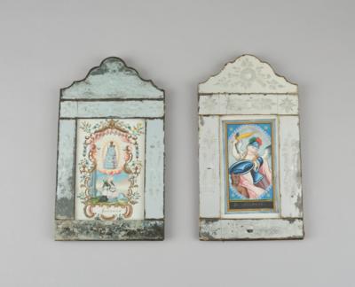 Zwei Pergamentbilder in Spiegelschliff Rahmen, - Folk Art, Sculptures & Faiences